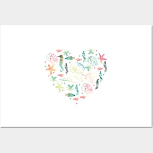 Heart with watercolor marine motifs Posters and Art